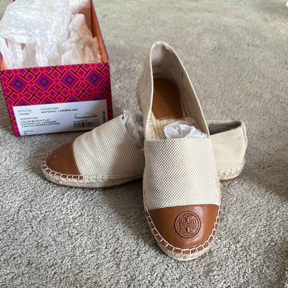 SOLD. Tory Burch Natural and Brown Espadrilles - Picture 1 of 10